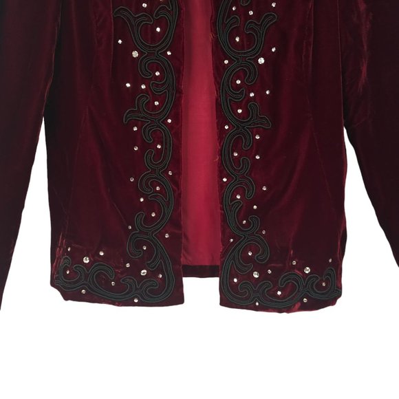 Jeri New York Velvet Jacket Blazer Womens 8 Burgundy Rhinestones Long Sleeve - Picture 11 of 16